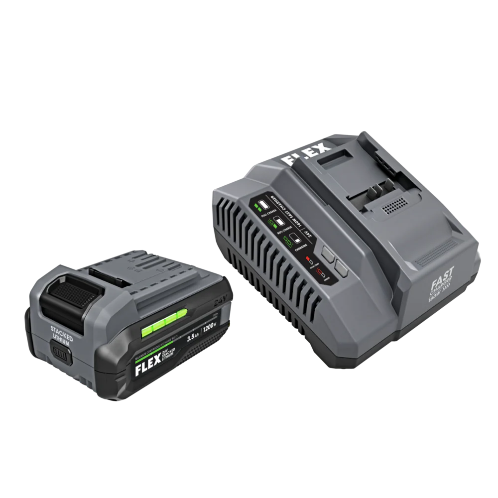 FLEX FX0411-1F 3.5Ah Stacked Lithium Starter Kit including a 24V battery and 160W Fast Charger, showcasing advanced THERMA-TECH™+ cooling technology for longer battery life and faster charging.