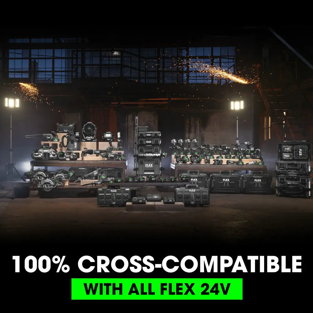 FLEX FX0411-1F 3.5Ah Stacked Lithium Starter Kit demonstrating cross-compatibility with 24V tools and chargers.