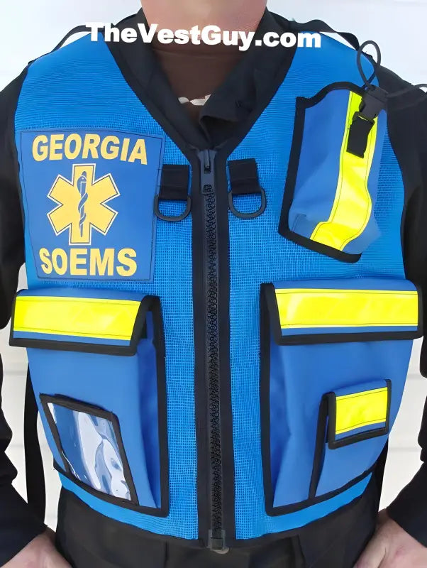 Blue Georgia SOEMS reflective vest with yellow stripes and EMS patch for safety