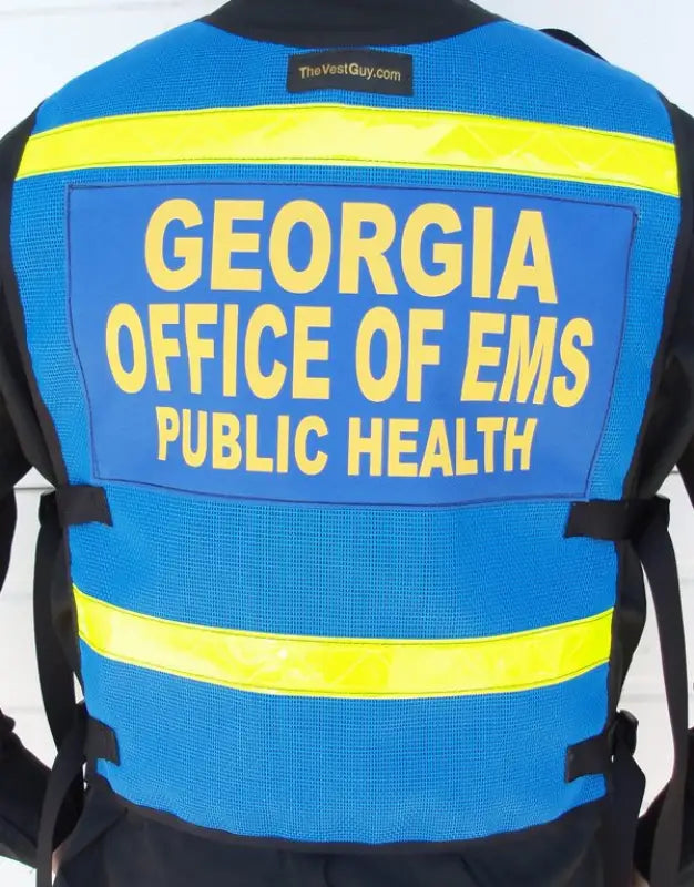 Blue Georgia SOEMS reflective vest with yellow stripes and EMS Public Health text