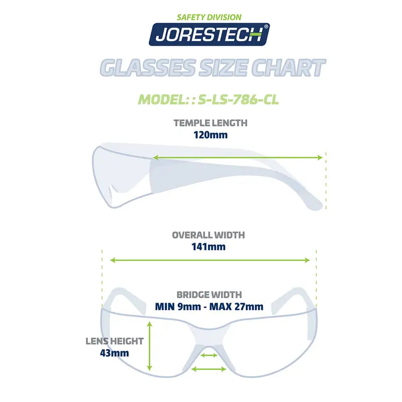 Glasses size chart for Anti-Fog Clear Safety Glasses with High Impact Protection