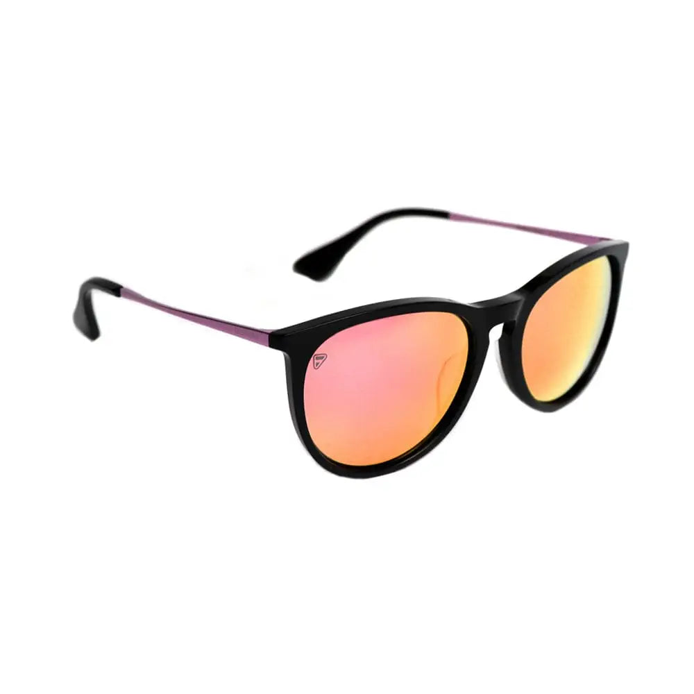 Black-framed Glorietta Sunset sunglasses with orange-pink mirrored lenses and pink temples