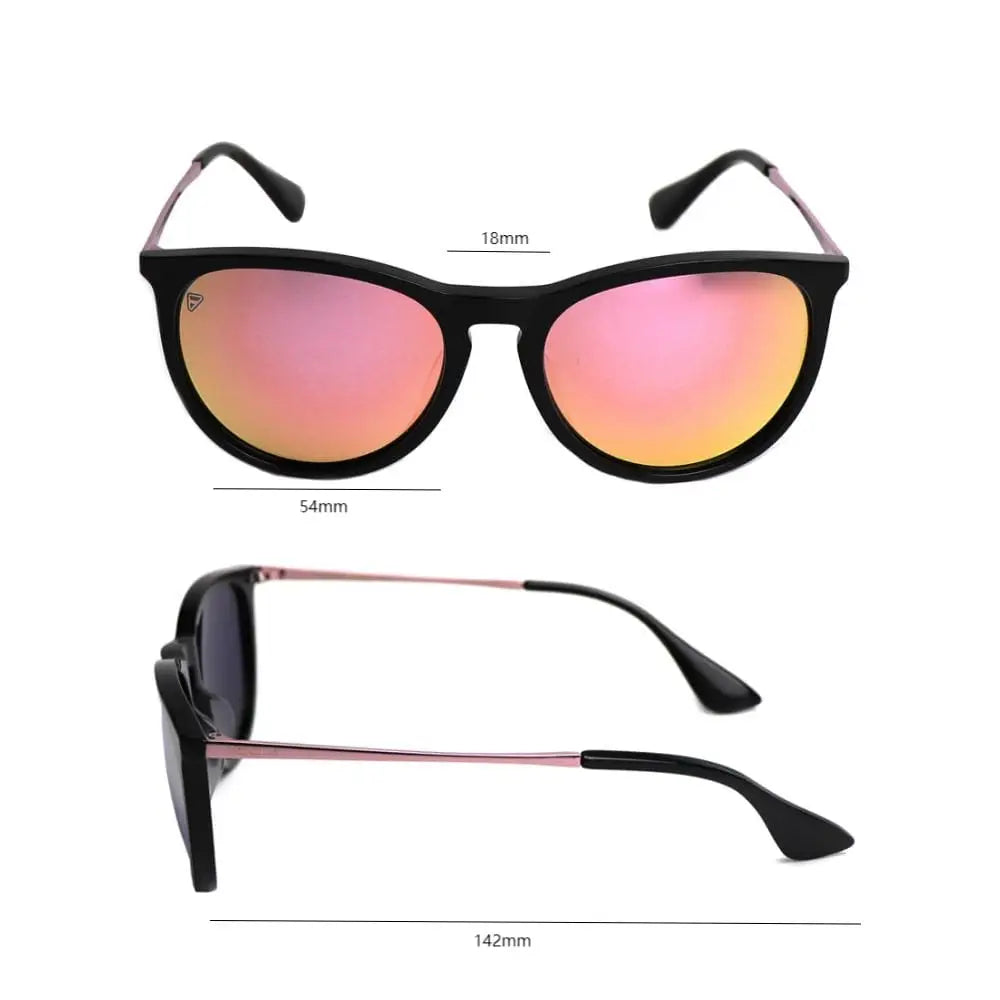 Black-framed Glorietta Sunset sunglasses with pink-orange mirrored lenses for first responders