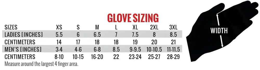 Glove sizing chart for Hot Leathers GVL2006 Pink Skeleton Ladies Mechanics Gloves