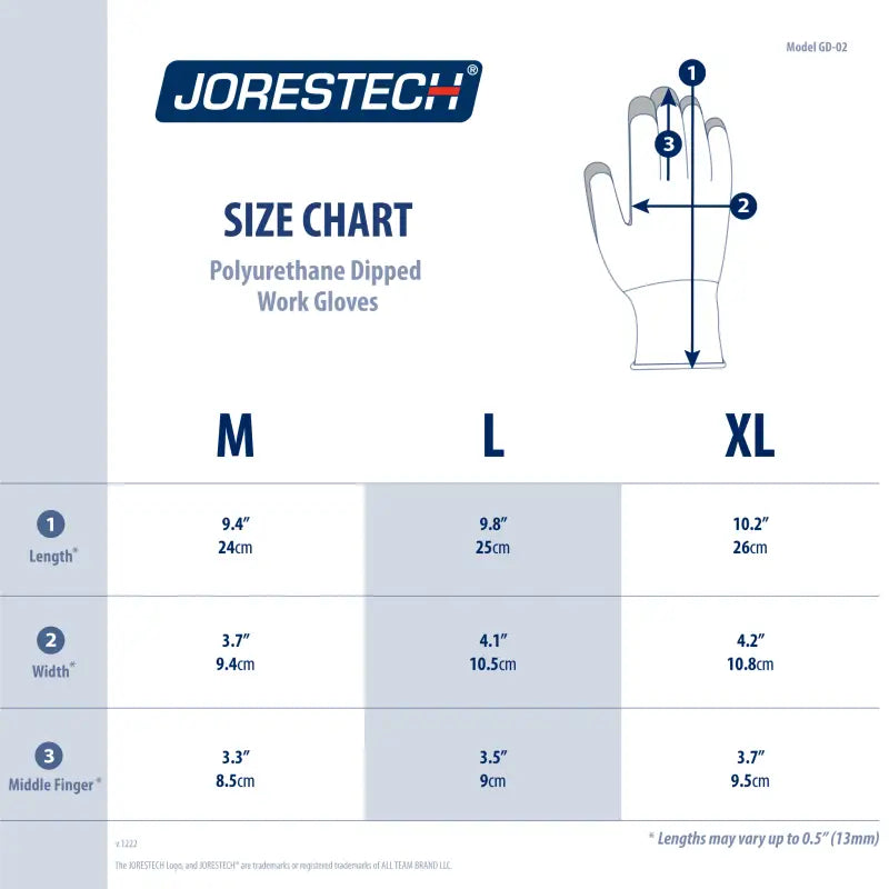 Glove size chart for Cut-Resistant Safety Work Gloves with Polyurethane Dipped Palms