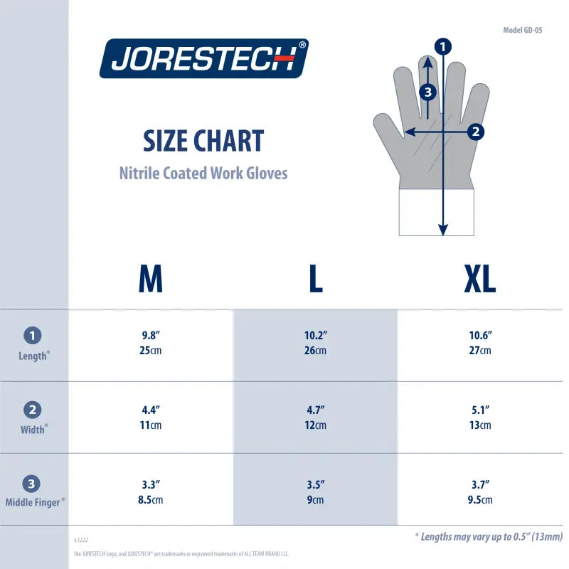 Glove size chart for Fully Coated Nitrile Safety Work Gloves Pack of 12