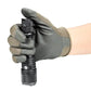 Gloved hand holding Warrior LT-G5 long throw tactical flashlight with engineered plastic holster