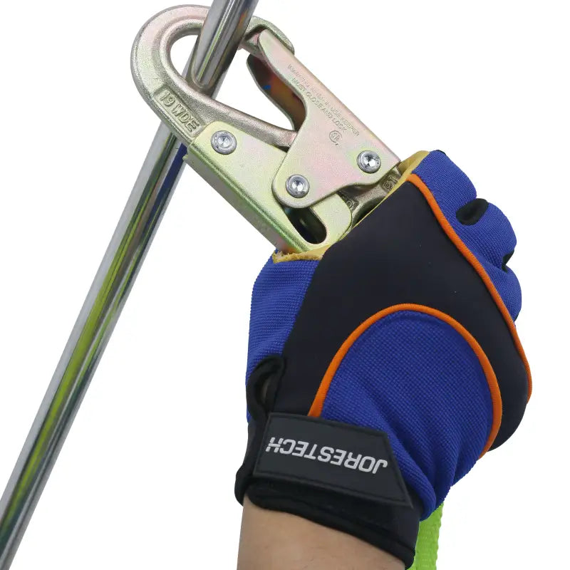 Gloved hand holds metal safety hook of Adjustable Work Positioning Lanyard