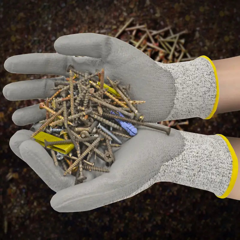 Gloved hands showcasing screws and fasteners with Cut-Resistant Safety Work Gloves