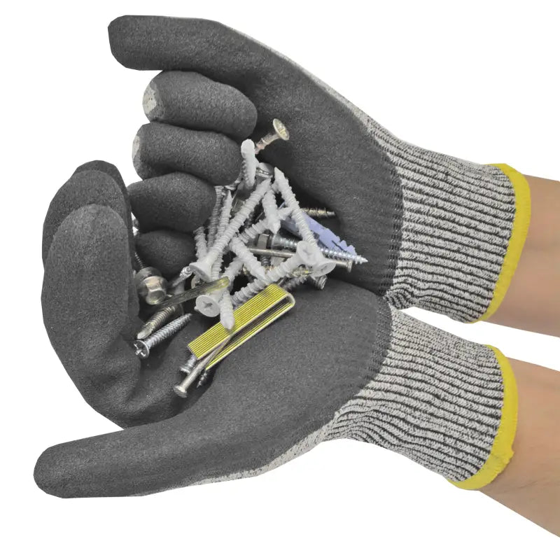 Gloves holding fasteners showcasing Cut-Resistant Safety Work Gloves with Sandy Nitrile Dipped Palms