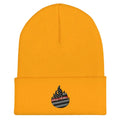 Gold Cuffed Beanie- Chief Miller with embroidered flame logo and black white flag pattern