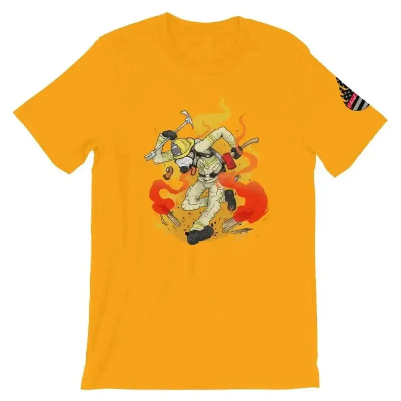 Gold orange Punk Short Sleeve t-shirt with animated character on back, perfect for athletic heather