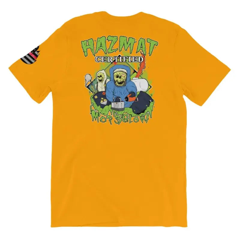 Gold orange t-shirt with cartoon hazmat graphic design on back, Hazmat Certified edition