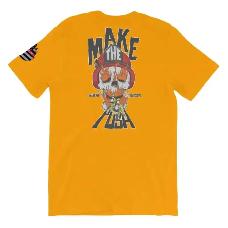 Gold orange t-shirt with skull graphic and MAKE THE PLEA text, ideal for athletic heather style