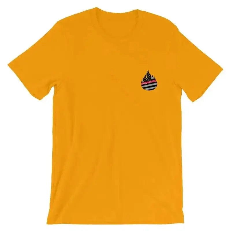 Gold t-shirt with American flag flame emblem for Skylight Specialist collection