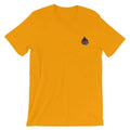 Gold t-shirt with black flame logo, perfect for pairing with Dark Grey Heather styles