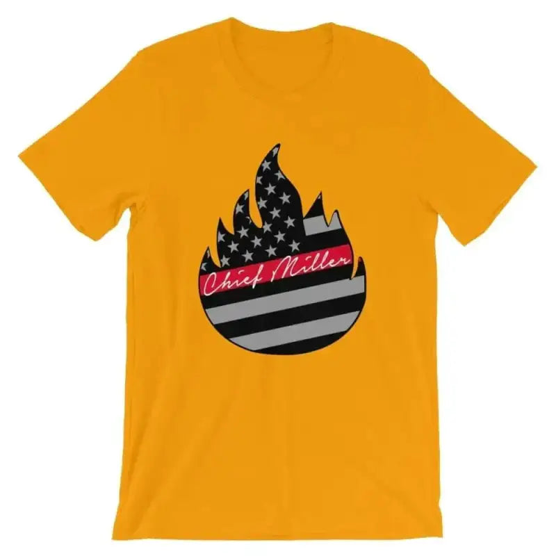 Gold t-shirt with American flag flame design and pink text from Signature collection