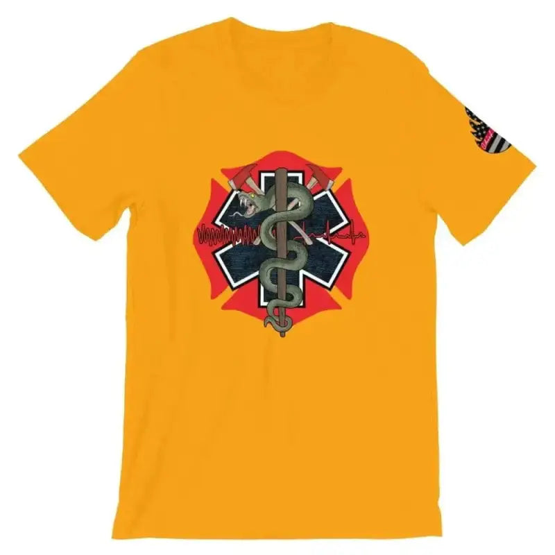 Gold t-shirt with firefighter EMT logo in red, black, and silver on athletic heather background