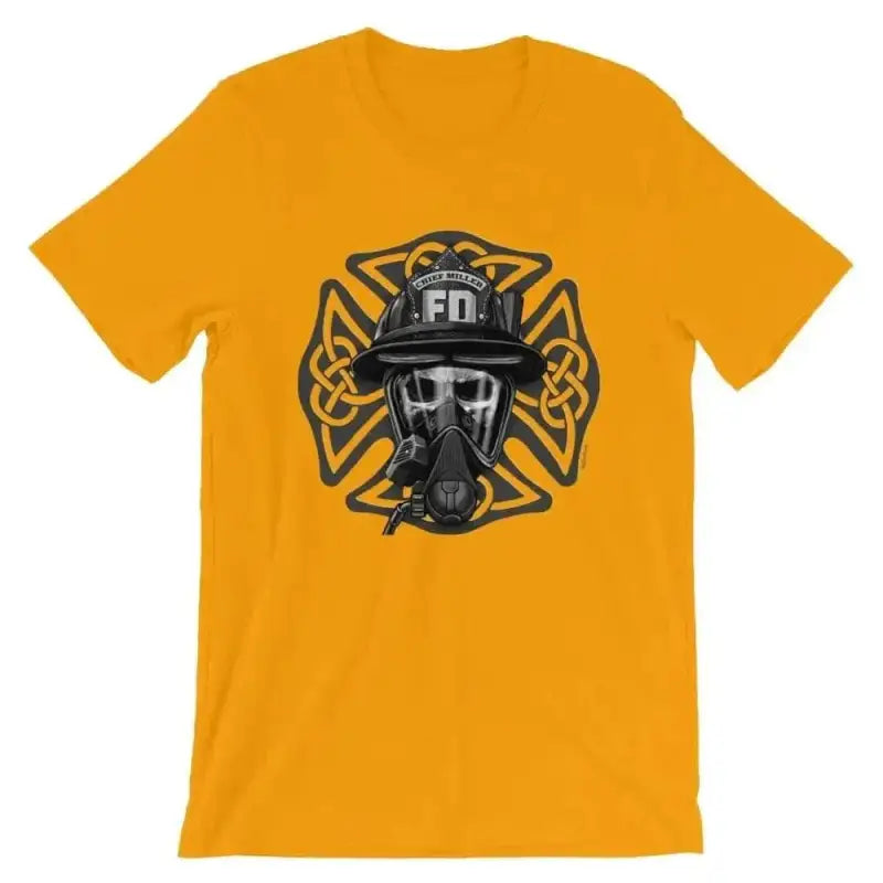 Gold t-shirt with Celtic Maltese Cross and firefighter helmet design for bold style