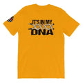 Gold short sleeve t-shirt featuring IT’S IN MY DNA text and DNA helix graphic design
