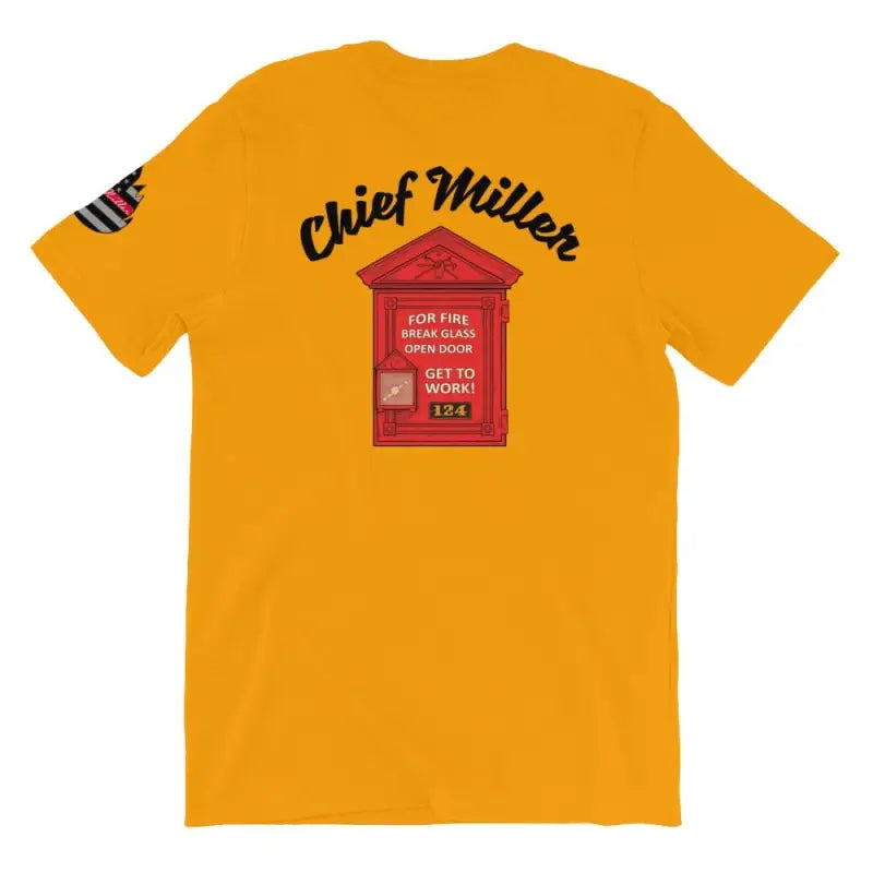 Gold short sleeve t-shirt with red fire alarm box design and Chief Miller text