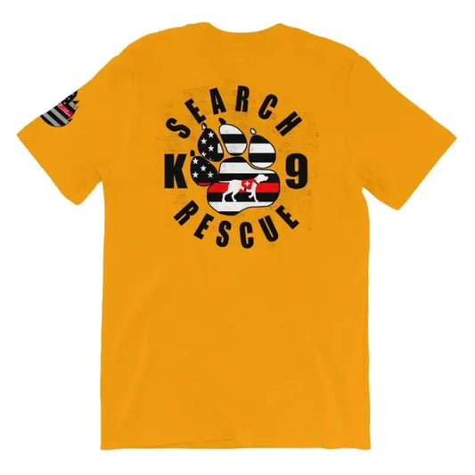 Gold t-shirt with Search K-9 Rescue text and American flag paw print design