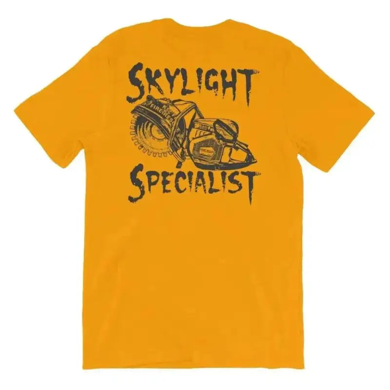 Gold Skylight Specialist t-shirt with mechanical design, perfect for casual or athletic wear