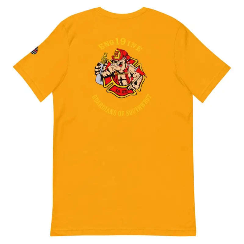 Gold t-shirt with firefighter logo, part of Engine 19 collection available in Heather Prism Lilac