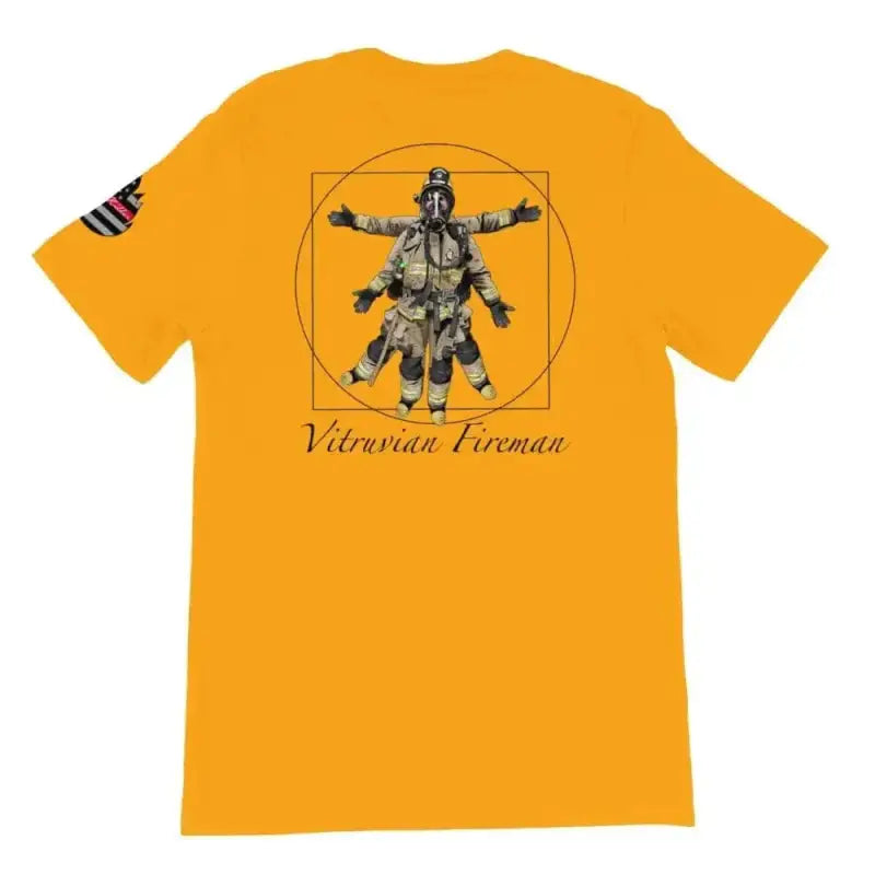 Gold t-shirt featuring Vitruvian Fireman design, perfect for casual wear or gifts