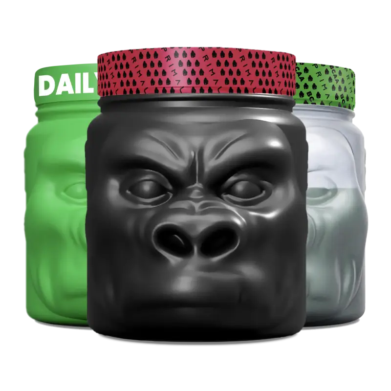 Gorilla-faced supplement containers from Preprimal Value Bundle for firefighters and first responders