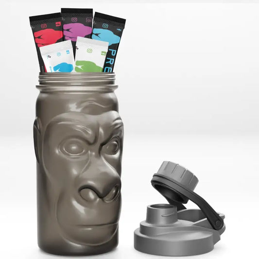Gorilla-faced water bottle with supplement packets ideal for first responders, firefighters, police