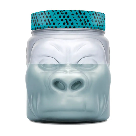 Gorilla-shaped PREWORKOUT supplement container for primal strength pre-primal pre-workout