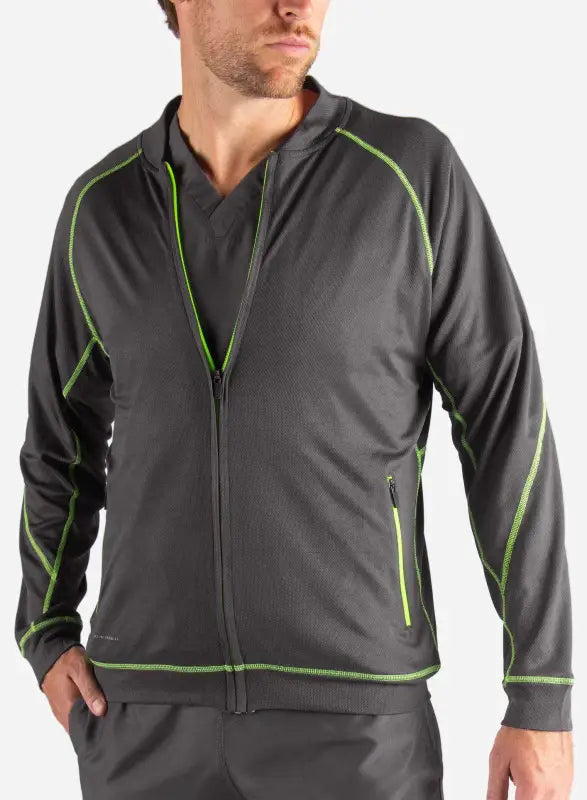 Gray Men’s Scrub Jacket with neon green trim and full zipper front for athletic wear