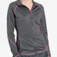 Gray women’s scrub jacket with pink trim and full-length zipper for stylish comfort