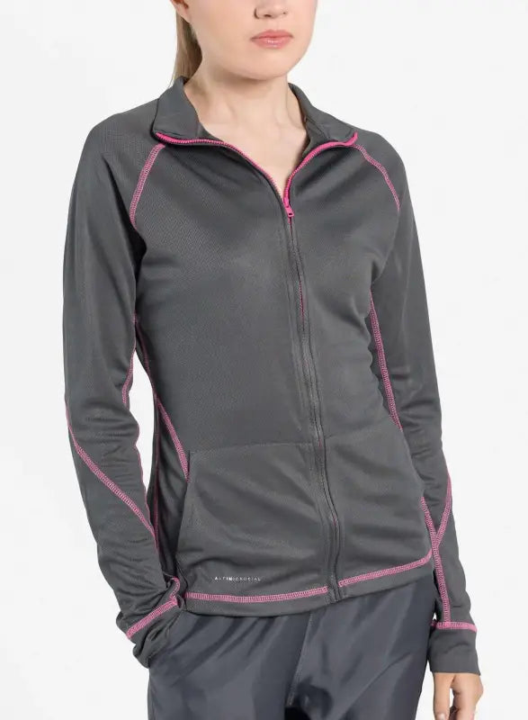 Gray women’s scrub jacket with pink trim and full-length zipper for stylish comfort