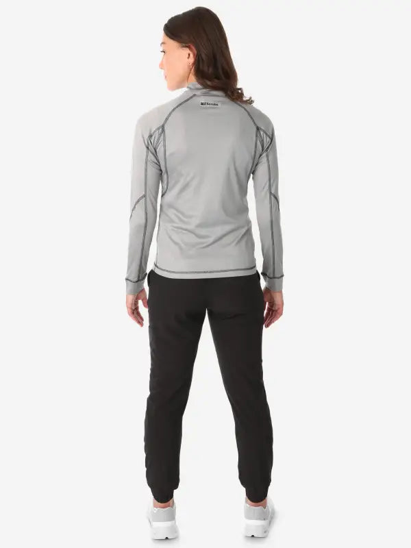 Back view of Gray Women’s Scrub Jacket with contrast stitching for athletic wear