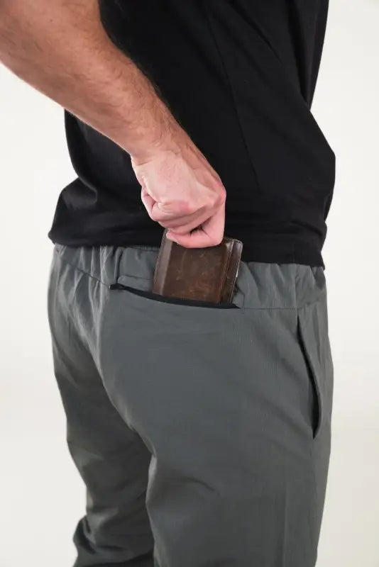 Gray Carrier Traveler Joggers with concealed carry wallet in pocket for active lifestyles