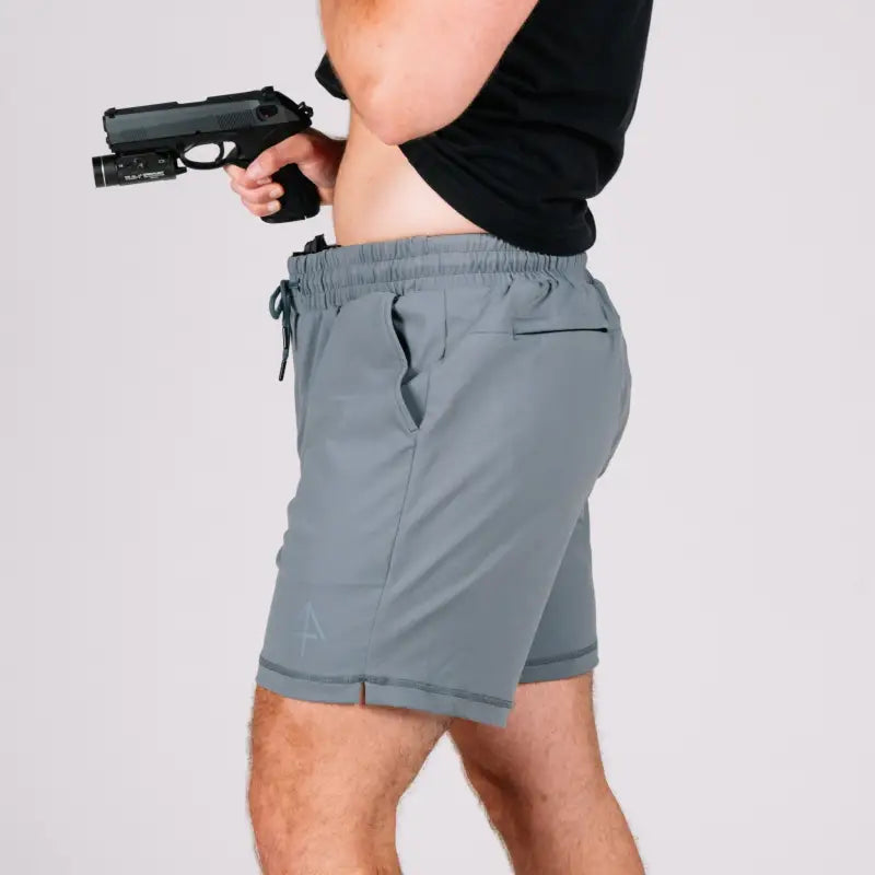 Gray athletic carrier shorts for concealed carry by Arrowhead Tactical Apparel