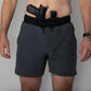 Gray carrier training shorts with concealed carry firearm and 5-inch inseam