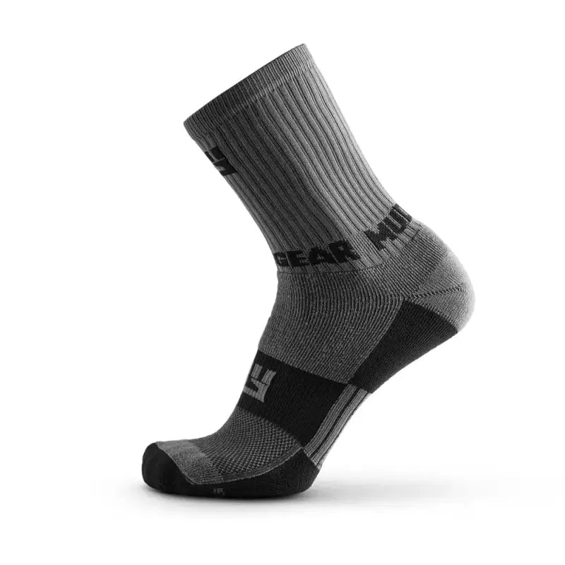 Gray athletic Performance Hiking Trekking Sock with black accents and ribbed texture