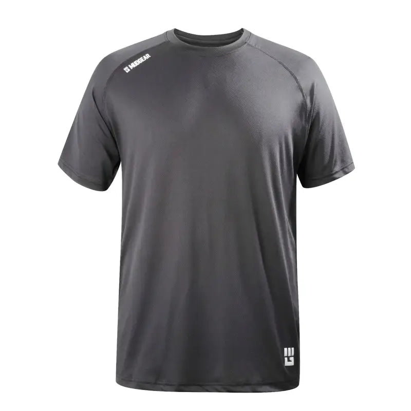 Gray MudGear men’s loose fit performance shirt with white branding details