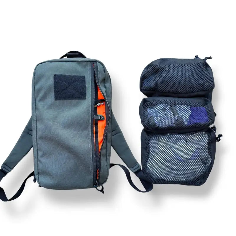 Gray backpack with mesh packing cubes, featuring 12hr Slate Grey and Black Orange Inside