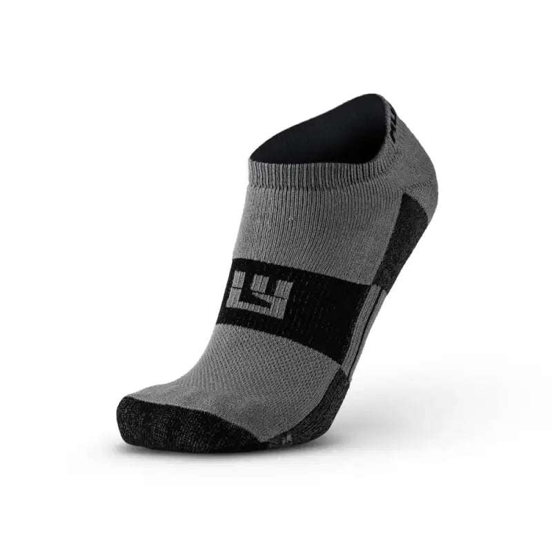 Gray and black no-show running socks featuring a logo design to prevent hot spots