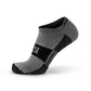 Gray and black no-show running socks designed to prevent hot spots, logo on ankle