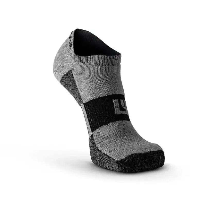 Gray and black no-show running socks with cushioned sole to prevent hot spots