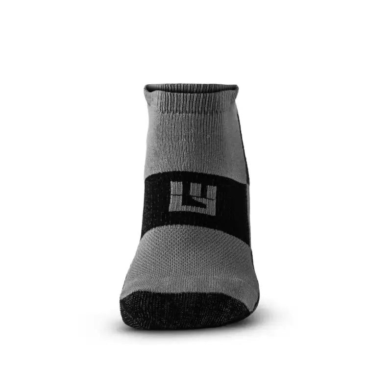 Gray and black no-show running socks with logo design to prevent hot spots, 2 pair pack