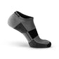 Gray and black no-show running socks featuring cushioned zones for comfort and support