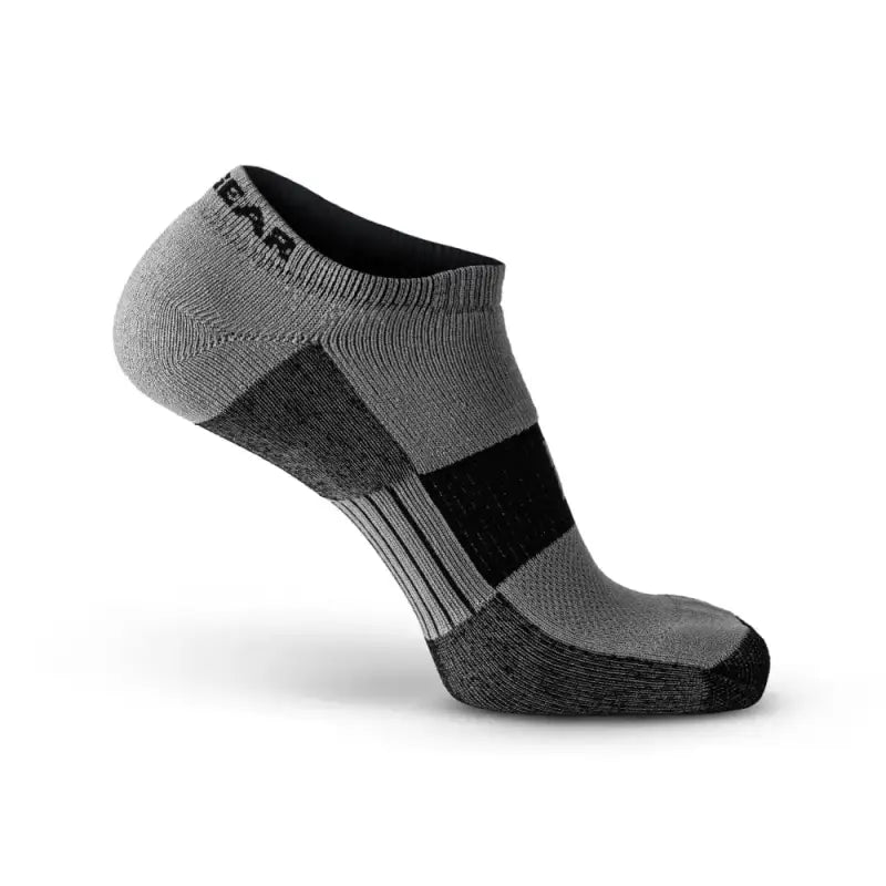 Gray and black no-show running socks featuring cushioned zones for comfort and support