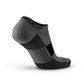 Gray and black no-show running socks with cushioned zones and arch support for comfort