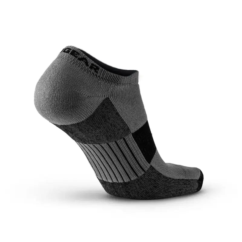 Gray and black no-show running socks with cushioned zones and arch support for comfort